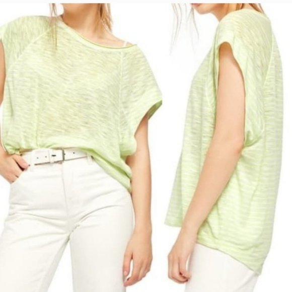WE THE FREE Women's Lemon Lime Sheer Striped Short Sleeve Jewel Neck Top L - Picture 1 of 16